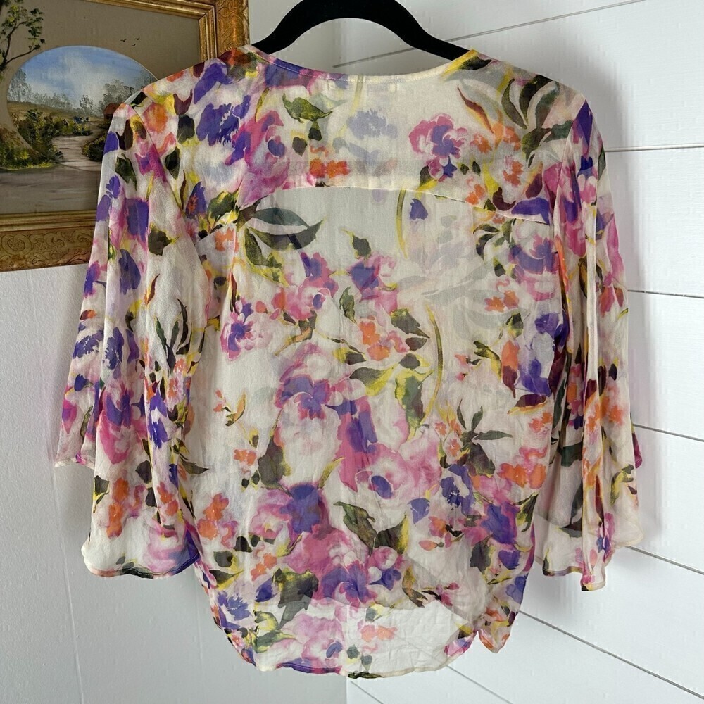 Lavender Brown Silk Floral Sheer Top Flutter Bell Sleeve Feminine Size XS - Picture 2 of 6